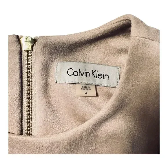 Calvin Klein Faux Suede Sheath Dress Soft Beige Sleeveless Gold Zip Back Size 4